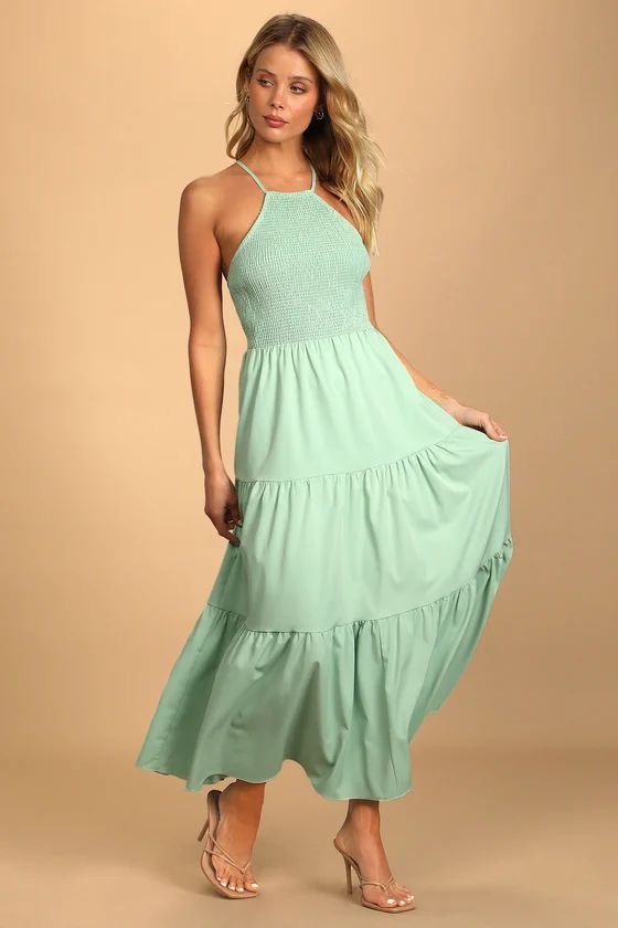 Pier and Now Sage Green Smocked Tie-Back Midi Dress | Lulus (US)