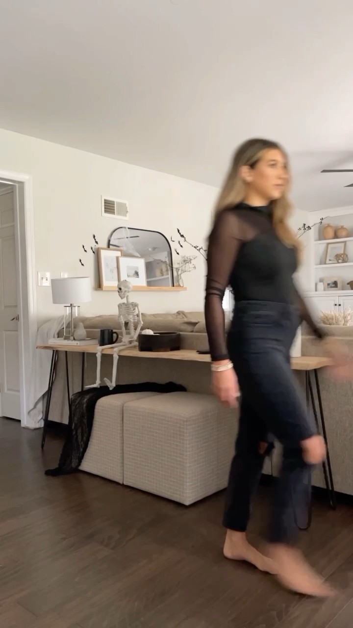 Halloween decor. Fall decorating. Skeleton, bags, witch hats. Black mesh bodysuit. Black straight leg jeans. Entry. 

#LTKhome #LTKSeasonal #LTKstyletip
