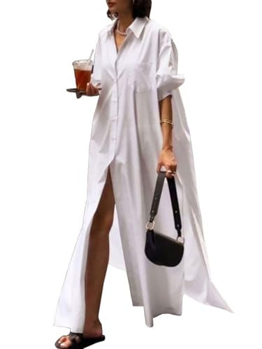 UOOZEE Women's Long Sleeve Maxi Shirt Dress Button Down Side Slit Loose Flowy 2025 Vacation Sundress, White, M | Amazon (US)