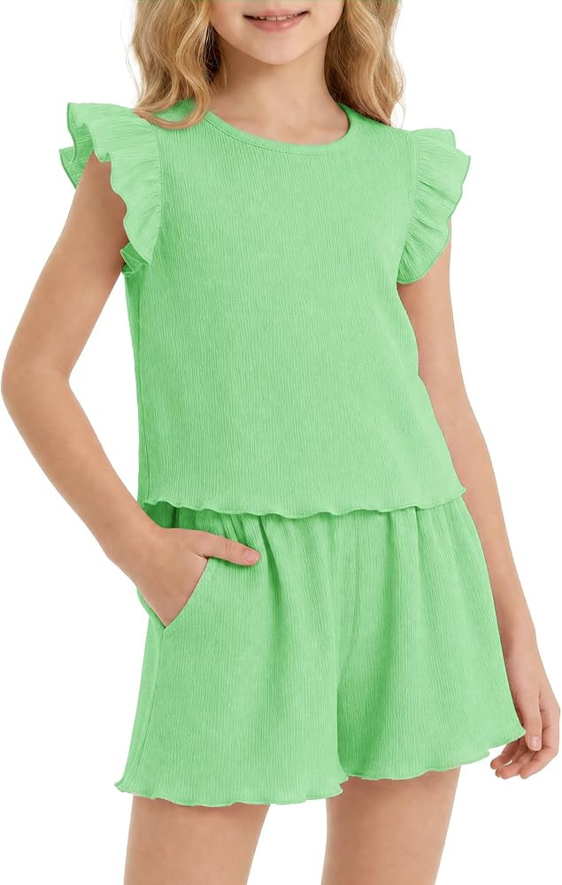 Stelle Girls 2 Piece Summer Outfits Flutter Sleeve Tops and Shorts 5-13Y | Amazon (US)