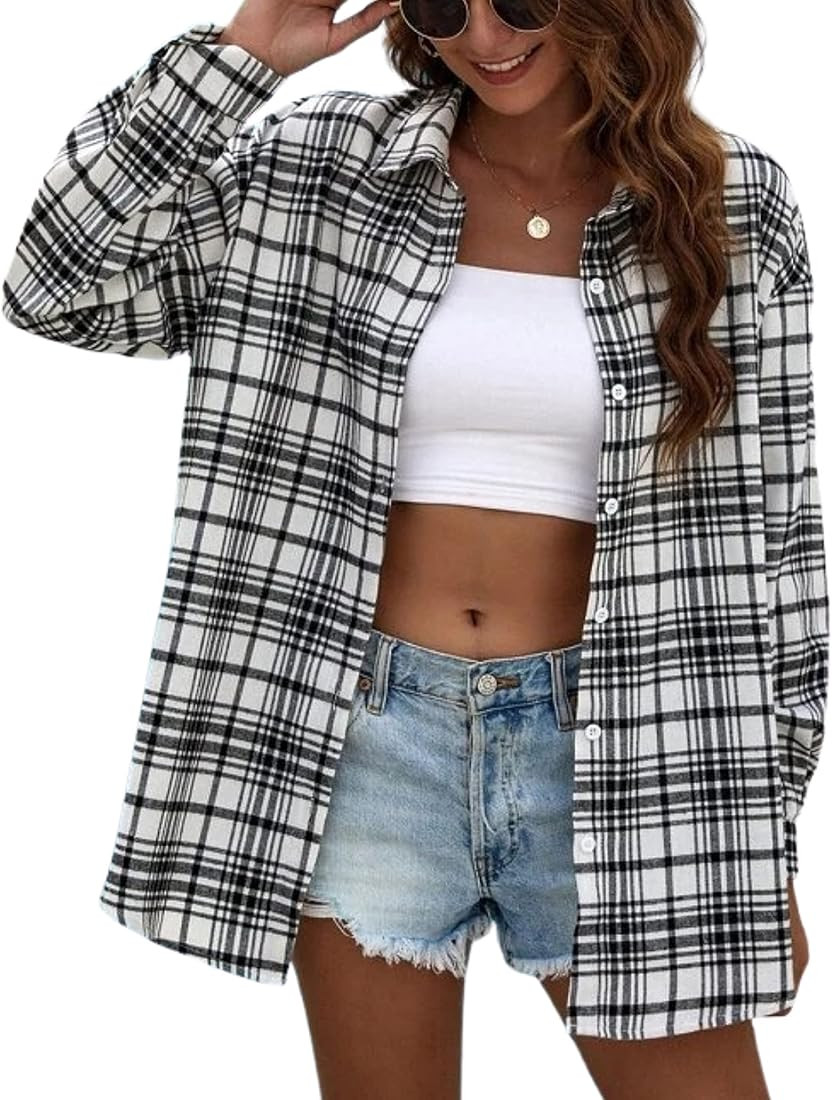Dqbeng Women's Fashionable Plaid Shirts Long Sleeve Button Collared Shirts Blouses | Amazon (US)