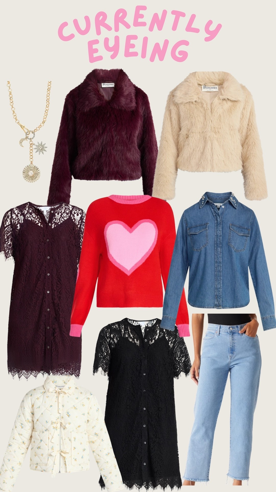 Walmart style. Walmart fashion. Sweater. Denim shirt. Denim Jean. Lace dress. Boots. Fur coat. Gold jewelry. Quilted jacket  

#LTKFindsUnder100 #LTKFindsUnder50 #LTKSeasonal