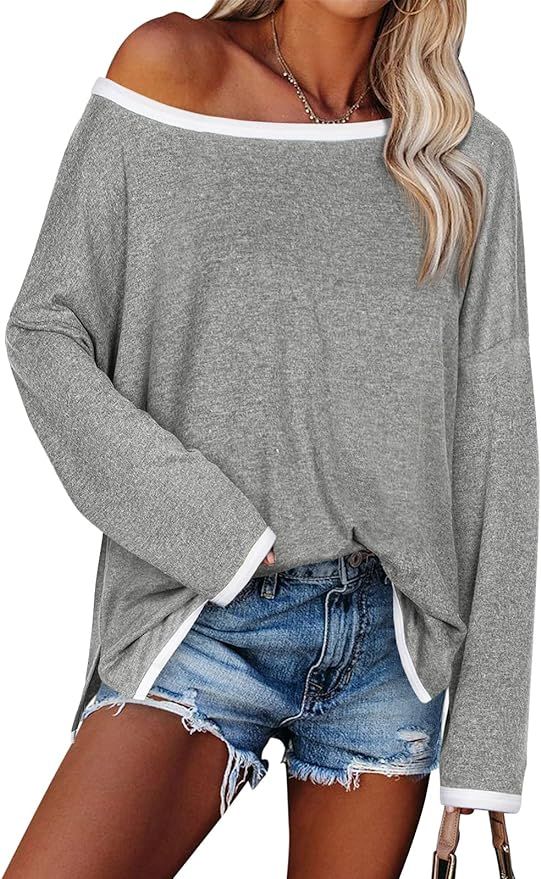 ADRAMLY Womens Color Block Long Sleeve Off The Shoulder Top Oversized Sweatshirt Side Split Tunic... | Amazon (US)