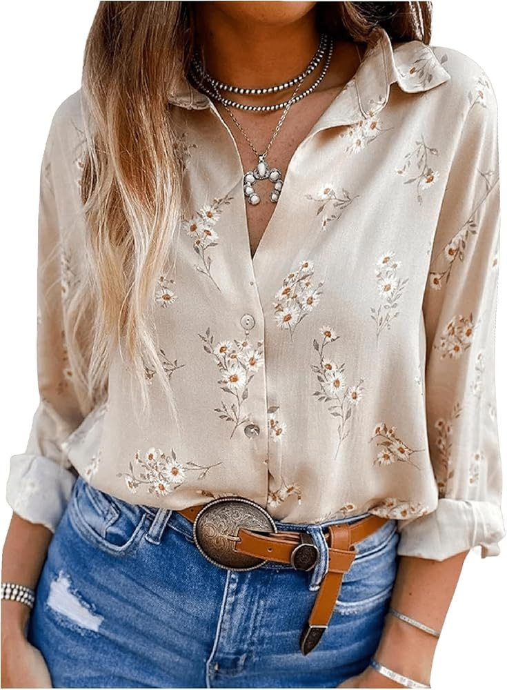 SweatyRocks Women's Floral Print Button Up Blouses Collar V Neck Long Sleeve Shirts Tops | Amazon (US)