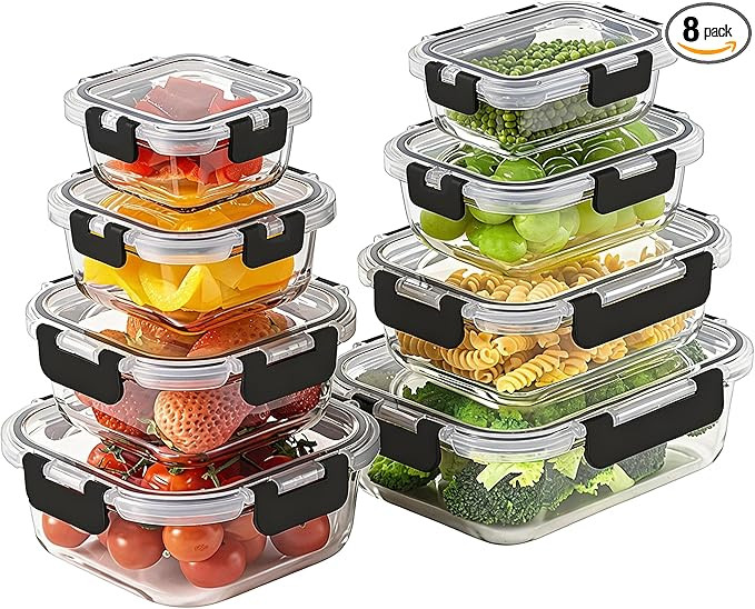 8 Pack Borosilicate Glass Food Storage Containers with Lids, Glass Meal Prep Containers, Airtight... | Amazon (US)