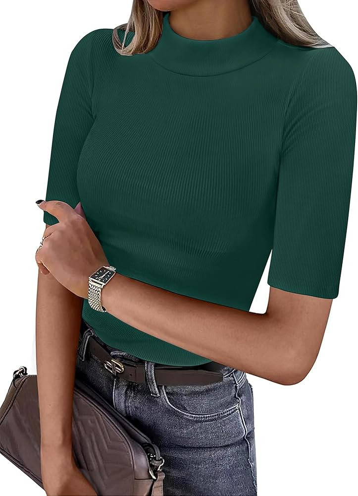 ANRABESS Womens Basic Ribbed Tee, Mock Neck Half Sleeve, Soft Comfort for Office & Casual Outings... | Amazon (US)