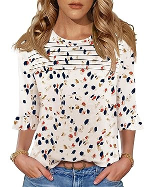 Blingfit 3/4 Length Sleeve Shirts for Womens Pleated Summer Tops 2025 Ruffle Bell Sleeve Fasion T... | Amazon (US)
