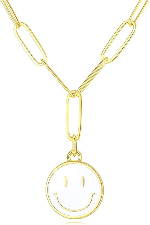 KDIZI Smiley Face Necklaces,Gold Stainless Steel Paperclip Chain Simple Round Smile Necklace Preppy  | Amazon (US)