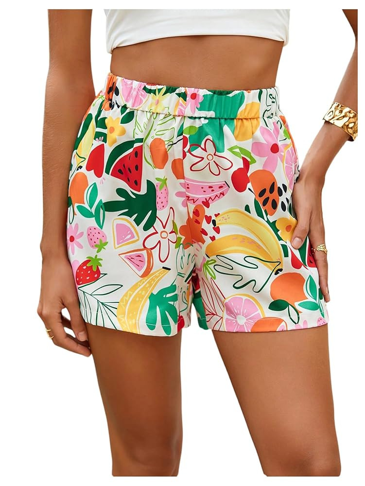Women's Fruit Print Wide Leg Shorts Elastic High Waist Vacation Holiday Summer Shorts | Amazon (US)