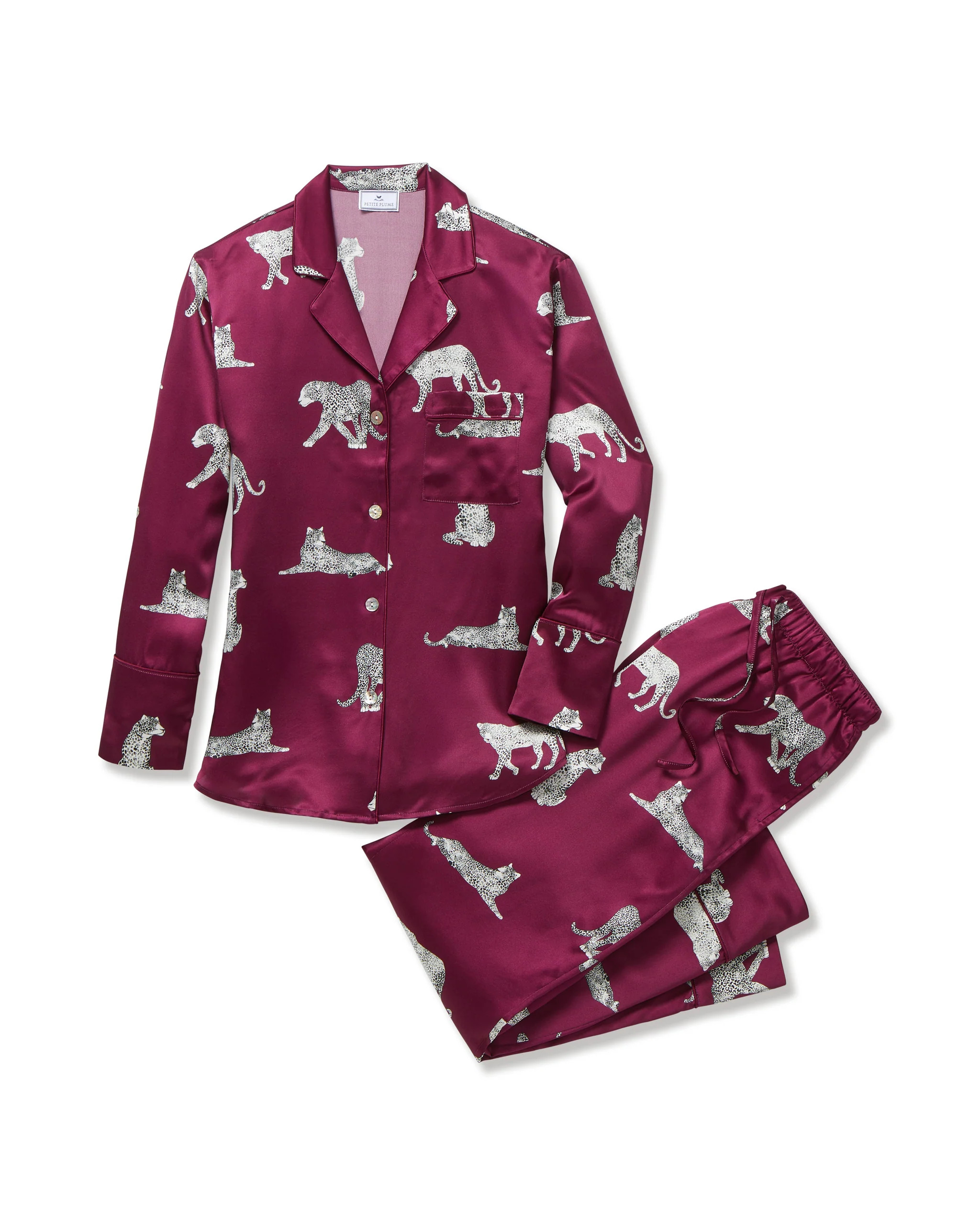 Women's Silk Pajama Set in Merlot Panthère | Petite Plume