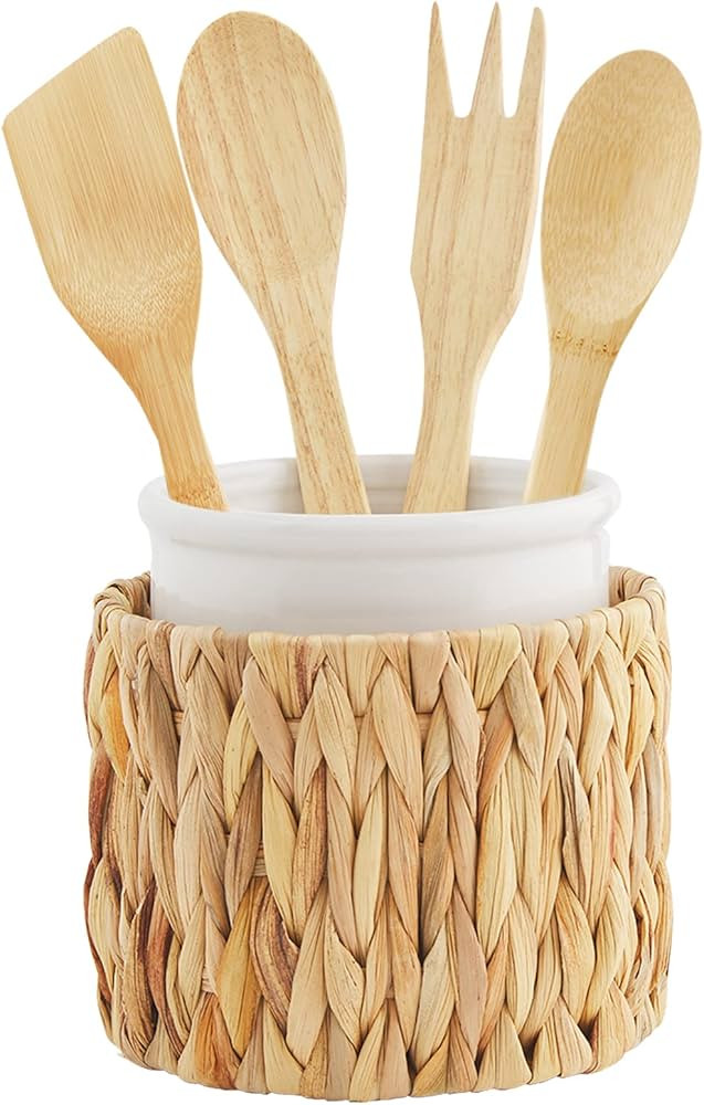 Mud Pie Hyacinth Utensil Holder with Utensil Set, White/Tan, crock 6.26" x 5.5" dia | utensils 10... | Amazon (US)
