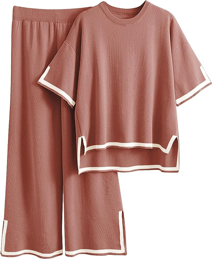 Faleave Womens Knit 2 Piece Sweater Sets Short Sleeve Pullover Tops Elastic Waist Wide Leg Pants ... | Amazon (US)