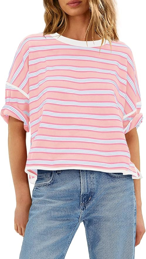 Panadila Womens Striped Shirt Short Sleeve Tops Summer Casual Oversized Tshirts Crew Neck Boxy Te... | Amazon (US)