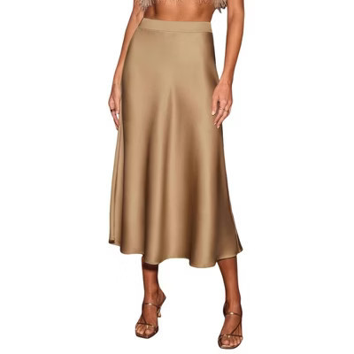 Women's Satin Skirt Elegant Flowy A Line Cocktail Party Wedding High Waisted Long Midi Skirts Fall Summer Vacation Outfits Dresses,Khaki,L | Target