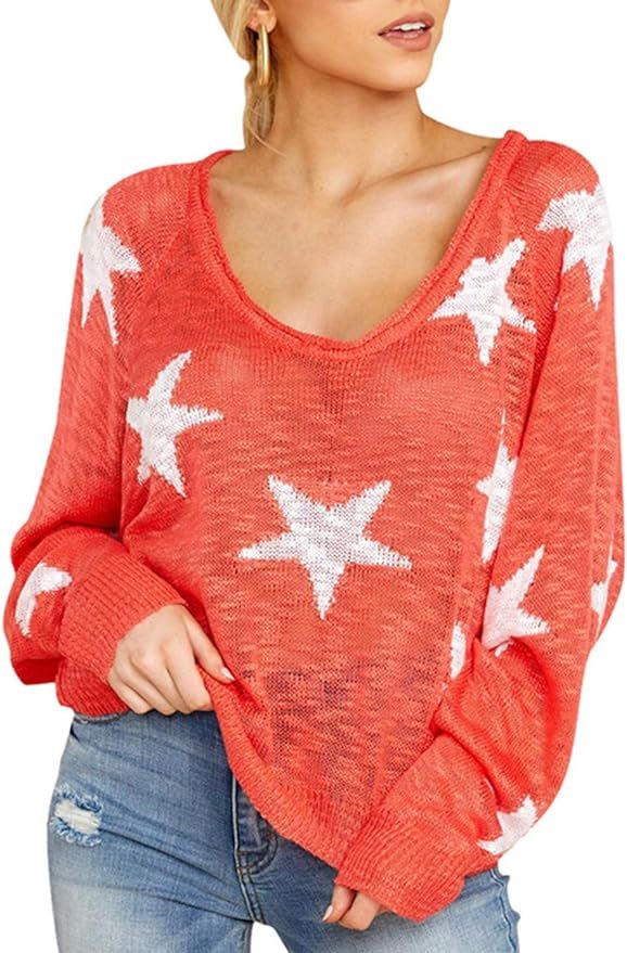 xxxiticat Women's Casual Star Tank Tops Long Sleeve Off The Shoulder Knitted Tunic Tops Boat Neck... | Amazon (US)