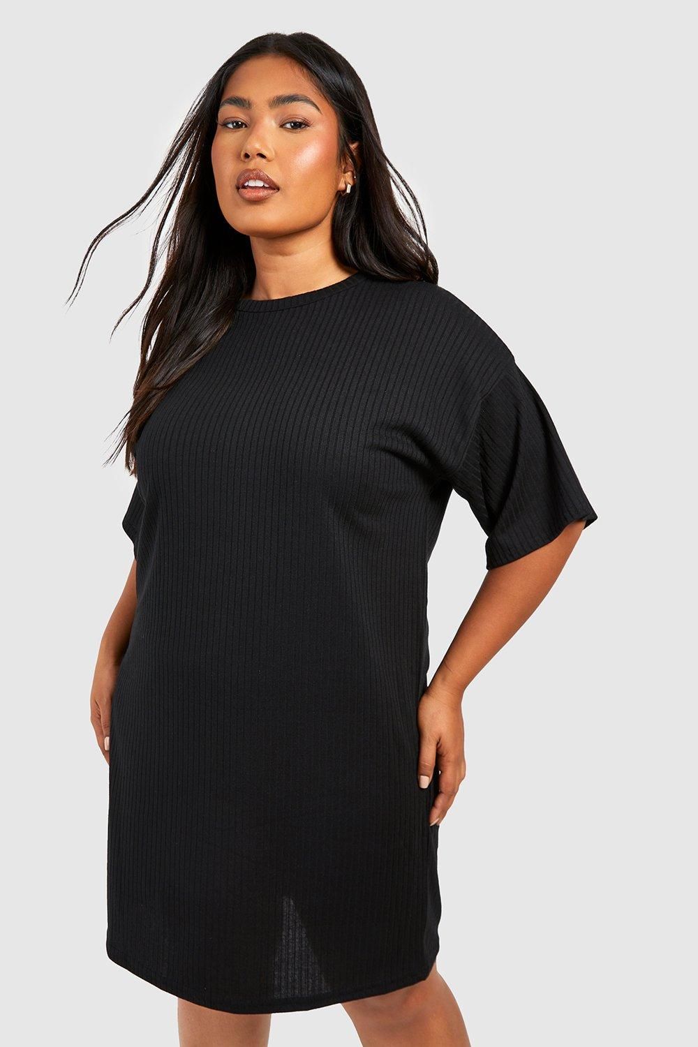 Womens Plus Basic Soft Rib Oversized T-Shirt Dress - Black - 22 | Boohoo.com (US & CA)