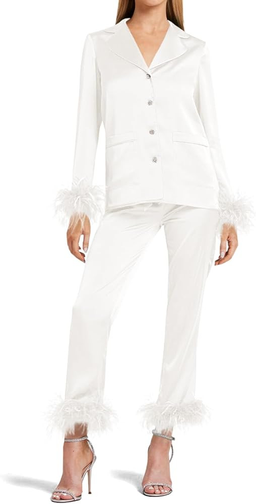 Women's Silk Satin Pajama Set Feather Trim Bridal Long Sleeve Pocketed Lounge Sets Sleepwear (Rem... | Amazon (US)