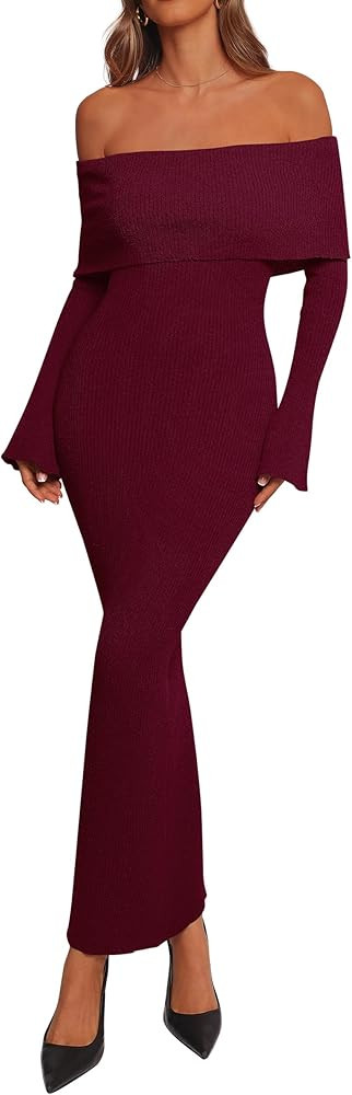 dowerme Women's Off The Shoulder Sweater Dress 2025 Formal Long Sleeve Bodycon Maxi Wedding Guest... | Amazon (US)
