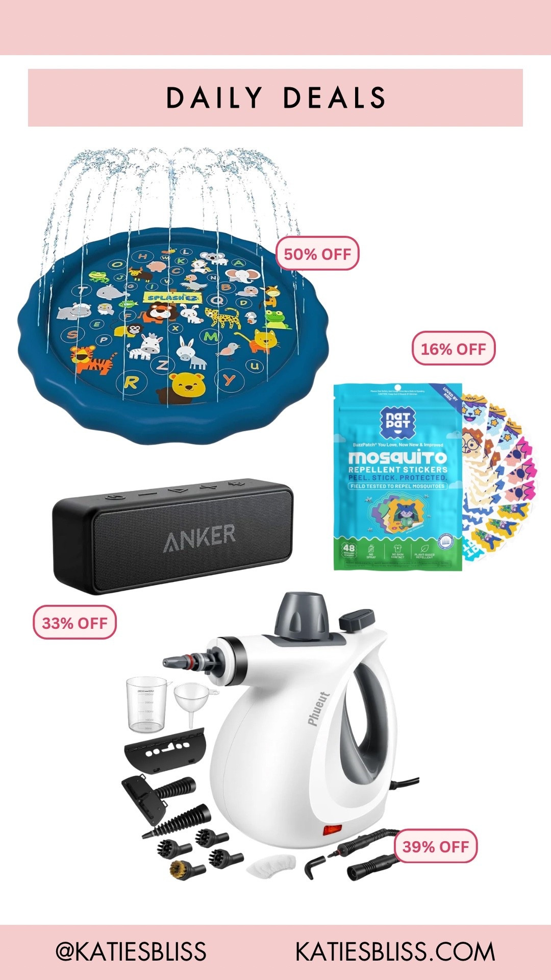 Daily deals ✨

Amazon. Deal. Sale. Markdown. Kids. Outdoor. Splash pad. Mosquito sticker. Speaker. Steam cleaner.

#LTKHome #LTKKids #LTKSaleAlert