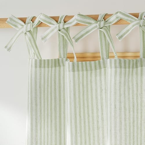 NICETOWN Sage Green Linen Bedroom Curtains 84 inches Long Striped, Tie Top Light Filtering Curtains Semi Sheer Linen Weave Window Drapes Privacy for Farmhouse, W52 x L84, 2 Panels | Amazon (US)