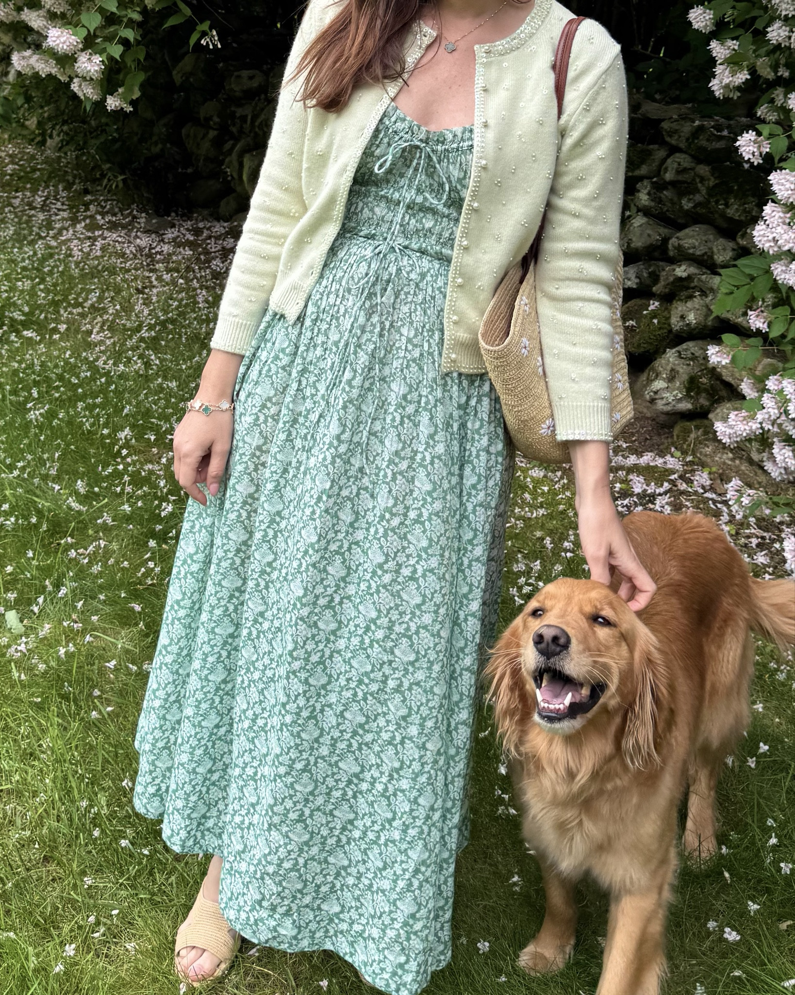 Early summer uniform: An airy green floral dress and the softest cardigan with the most charming bead and pearl details. 

#LTKSummerEdit #LTKSeasonal