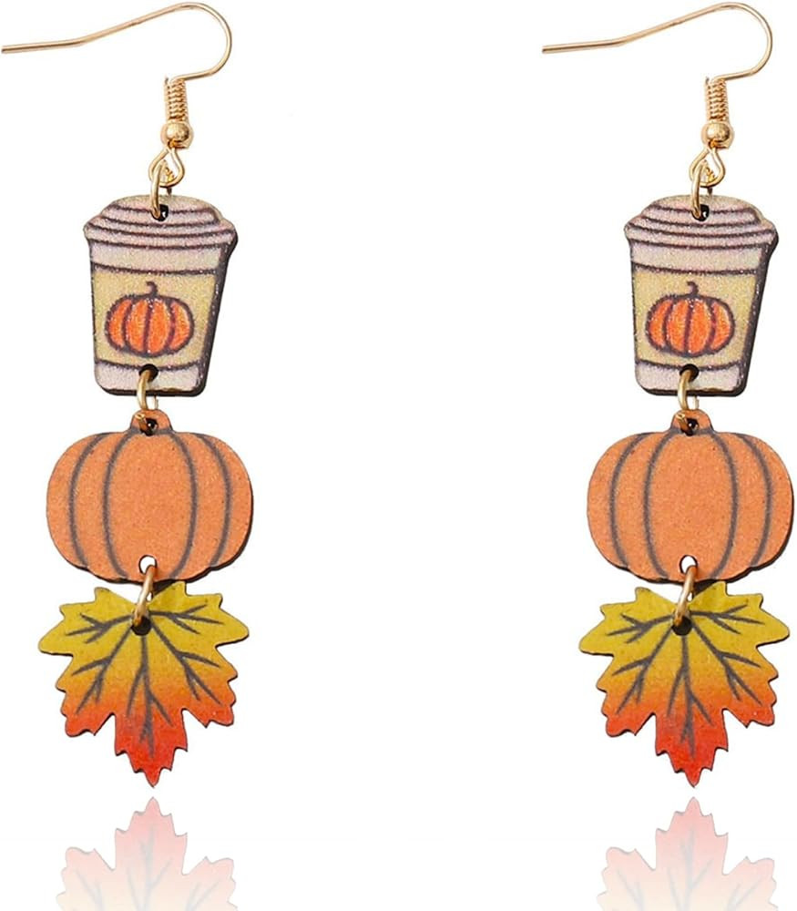2024 Fall Thanksgiving Earrings for Women Statement Turkey Pumpkin Sunflower Maple Leaf Wood Dang... | Amazon (US)