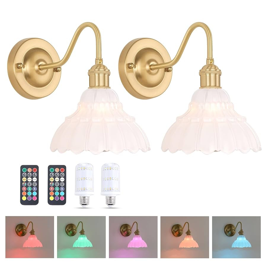 Battery Operated Wall Sconce Set of 2, Vintage Rechargeable Wall Lights with White Lily Glass Sha... | Amazon (US)