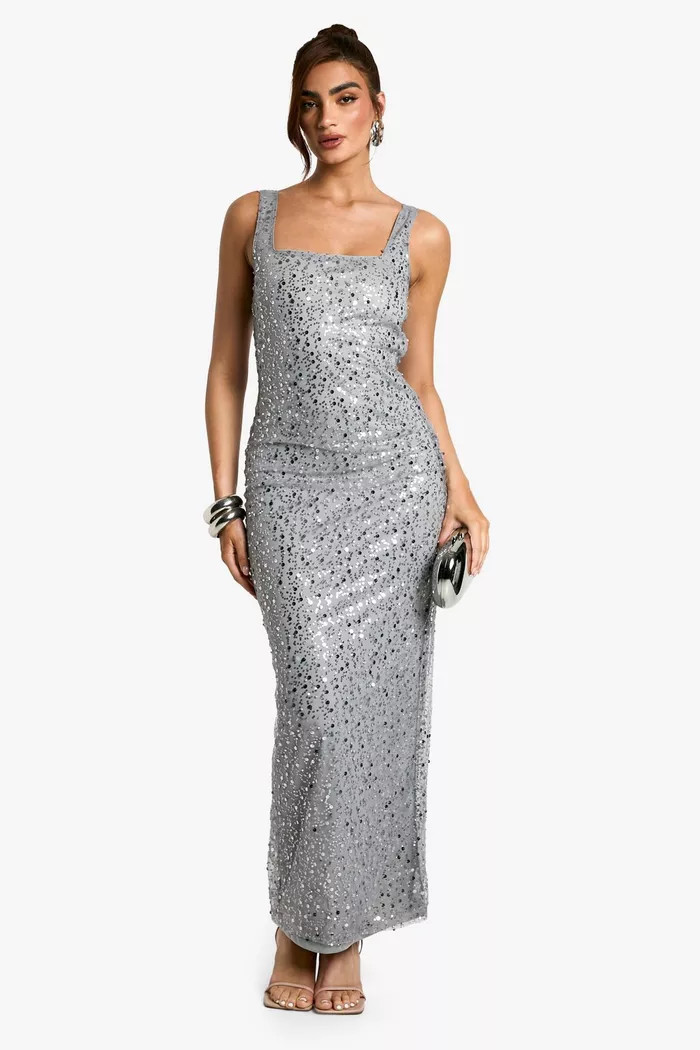 Square Neck Sequin Column Maxi Dress | Boohoo.com (UK & IE)