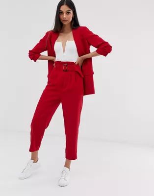 Stradivarius two-piece belted tailored pants in red | ASOS US