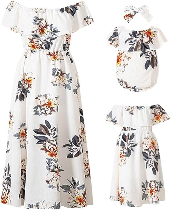 PopReal Mommy and Me Dresses Floral Printed Chiffon Bowknot Ruffles Short Sleeve Beach Mom Daught... | Amazon (US)