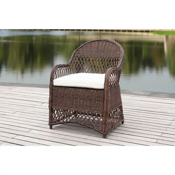 SAFAVIEH Outdoor Living Davies Brown/ Beige Wicker Arm Chair With Cushion | Bed Bath & Beyond