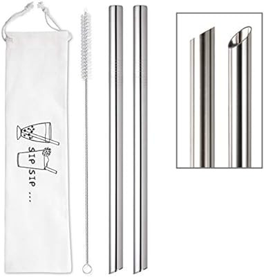 [Angled Tips] 2 Pcs Jumbo Reusable Boba Straws & Smoothie Straws, 0.5" Wide Stainless Steel Straw... | Amazon (US)
