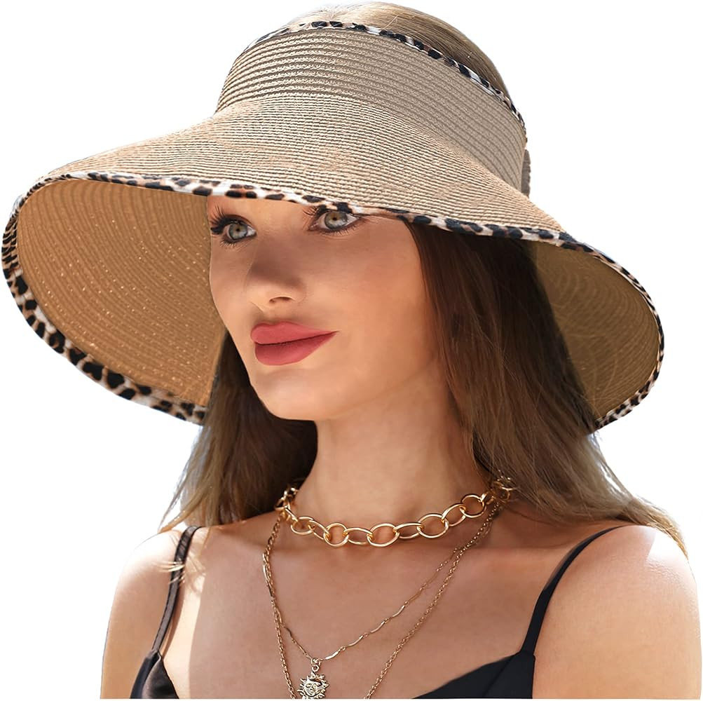 LA CARRIE Wide Brim UV Protection Sun Hats for Women with Leopard Trim Straw Roll Up Beach Visor ... | Amazon (US)