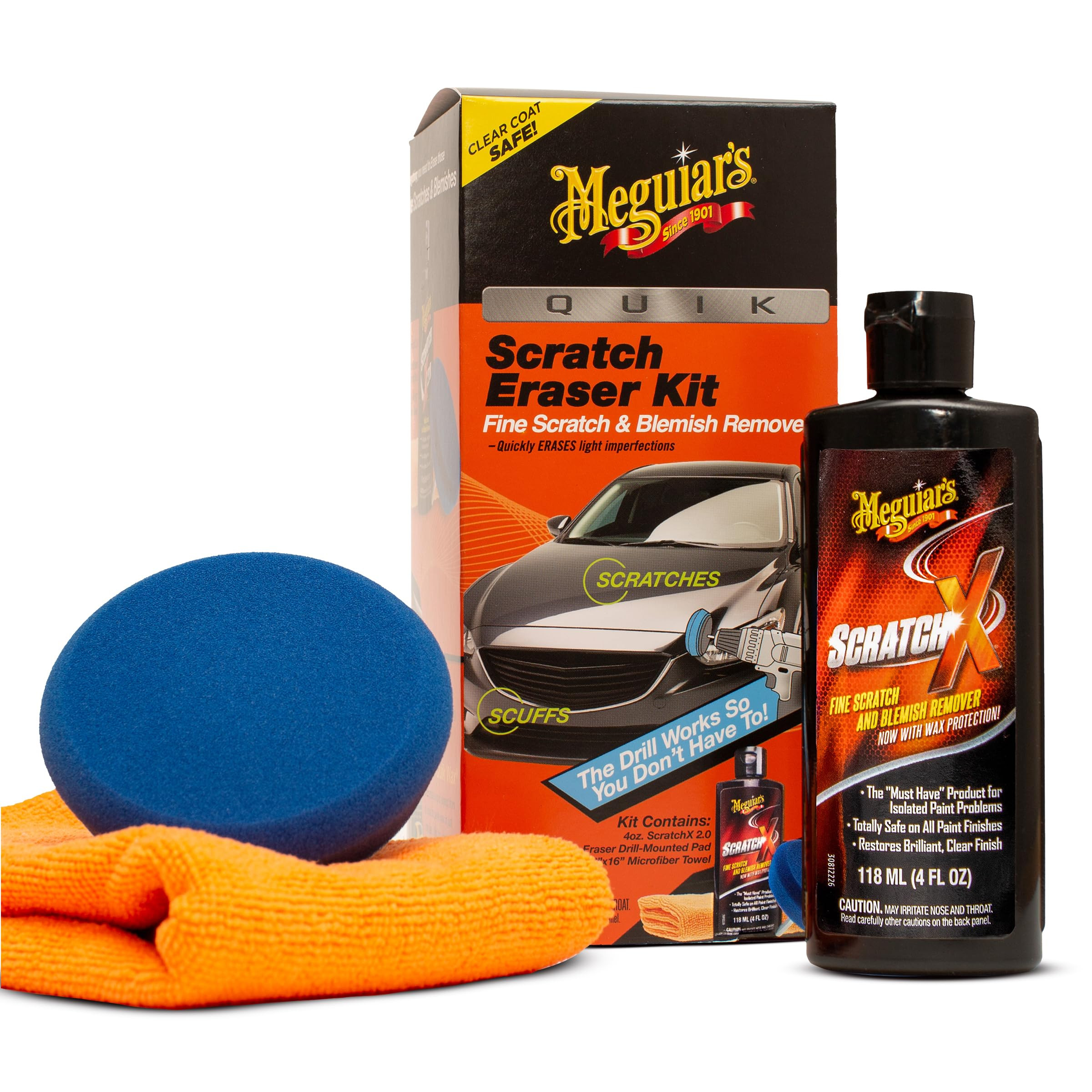 Meguiar's Quik Eraser Kit, Car Scratch Remover for Repairing Surface Blemishes, Car Scratch Repair Kit with ScratchX, Drill-Mounted Pad, and Microfiber Towel, 4 Count | Amazon (US)