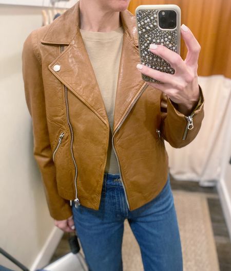 Love this tone on tone look for transition to Spring. Soft tee and leather Moto jacket. Sized down one in the jacket…t-shirt under is tts.

#brown leather jacket
#outfitofthedayinspo


#LTKSeasonal #LTKstyletip