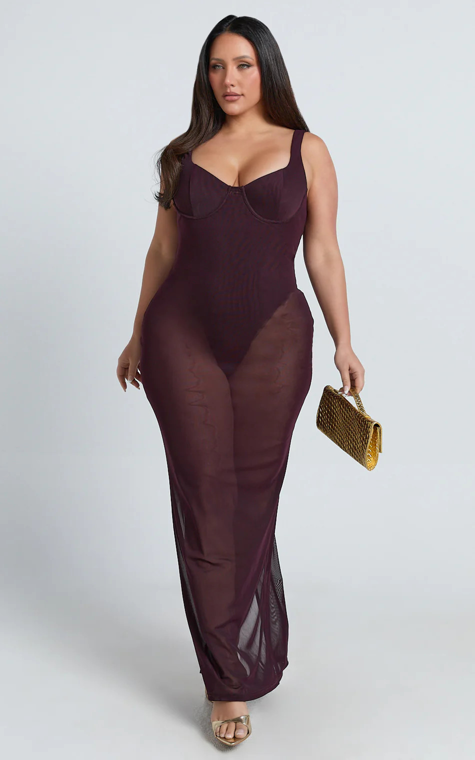 Laney Maxi Dress - Mesh Sweetheart Neck Bodycon Dress in Plum | Showpo (ANZ)