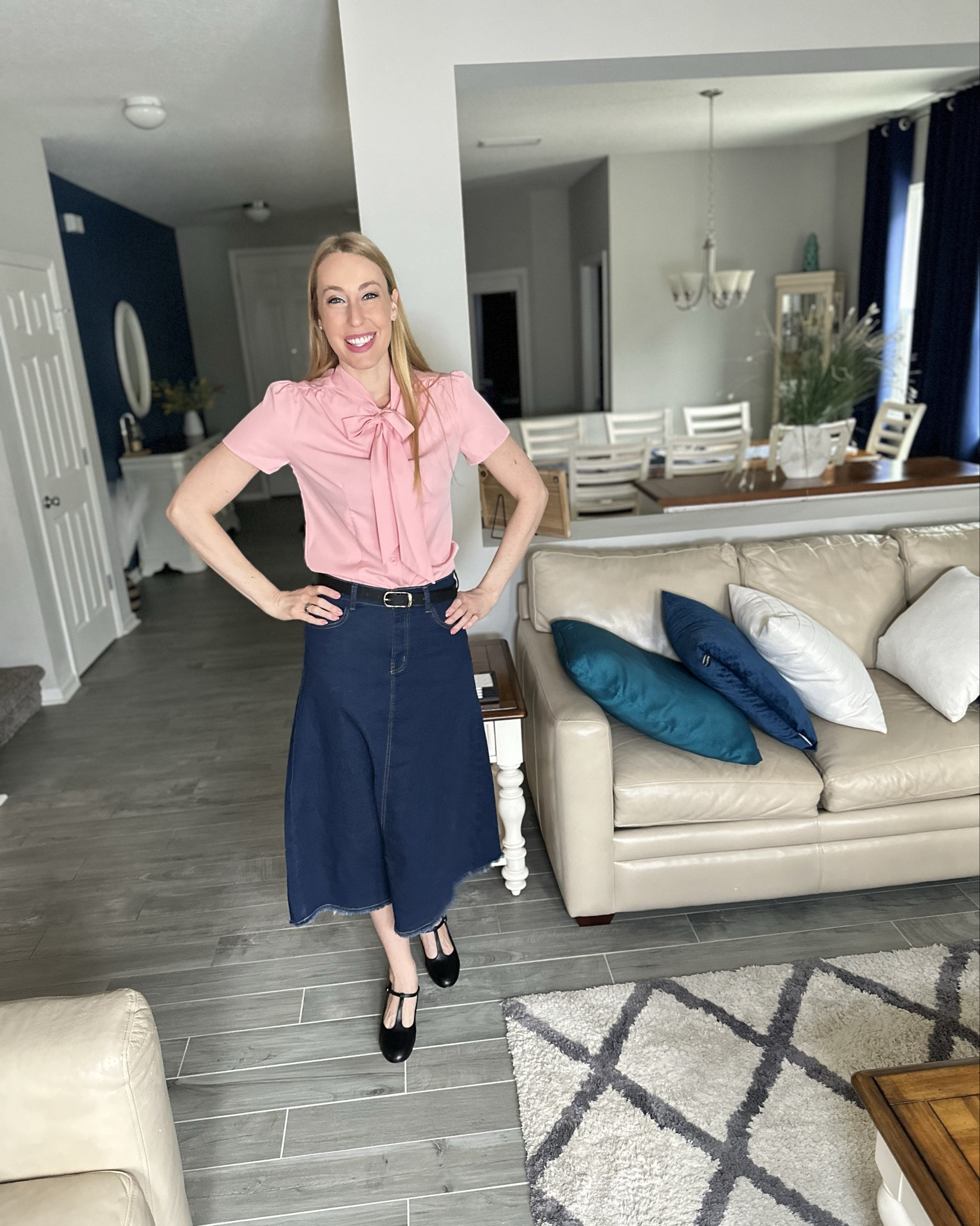 Feeling preppy and cute 
💓 I love this blouse. Its bow at the top is adorable. No stretch but loose fit 
💓 this denim skirt is wonderful. Comes in other denim colors and midi length
💓 wearing size small, fits true to size and I am 5’10”

#LTKStyleTip #LTKFindsUnder100 #LTKFindsUnder50
