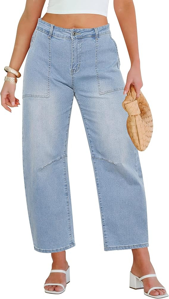 GRAPENT Barrel Jeans for Women High Waisted Trendy Wide Leg Baggy Ankle Length Stretchy Denim Tro... | Amazon (US)