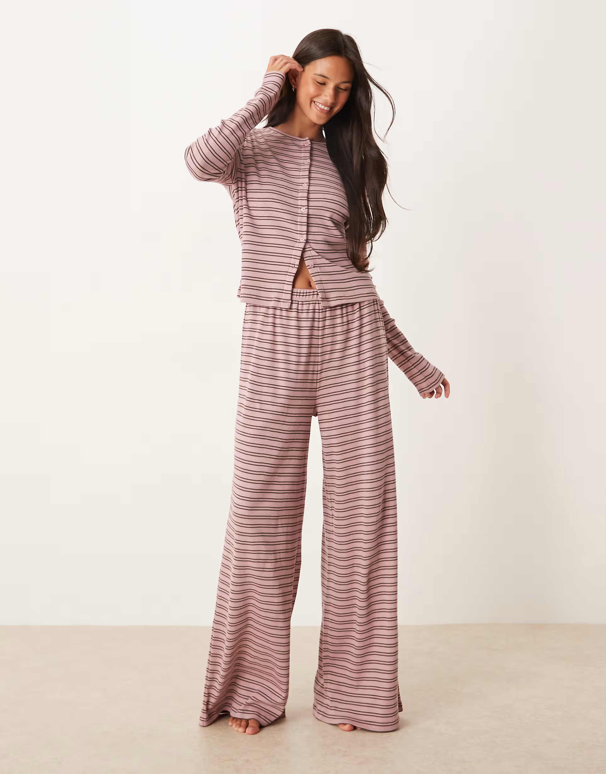 ASOS DESIGN rib wide leg pyjama trouser in pink & brown stripe | ASOS (Global)
