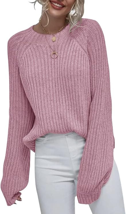 Womens Crew Neck Pullover Sweaters Oversized Raglan Puff Long Sleeve Loose Warm Casual Ribbed Kni... | Amazon (US)