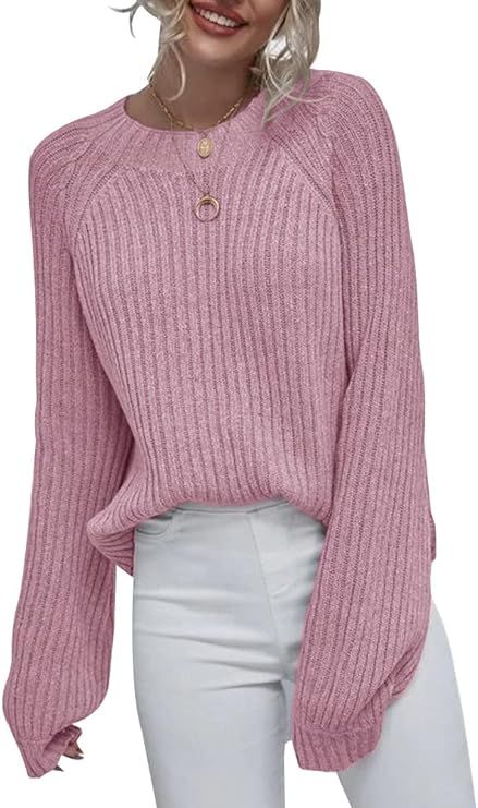 Womens Crew Neck Pullover Sweaters Oversized Raglan Puff Long Sleeve Loose Warm Casual Ribbed Kni... | Amazon (US)