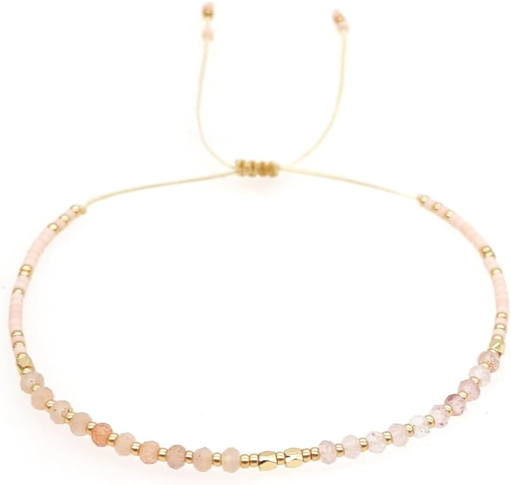 Handmade Gemstone Beaded Strand Bracelets for Women Dainty Adjustable Charm String Braided Boho S... | Amazon (US)