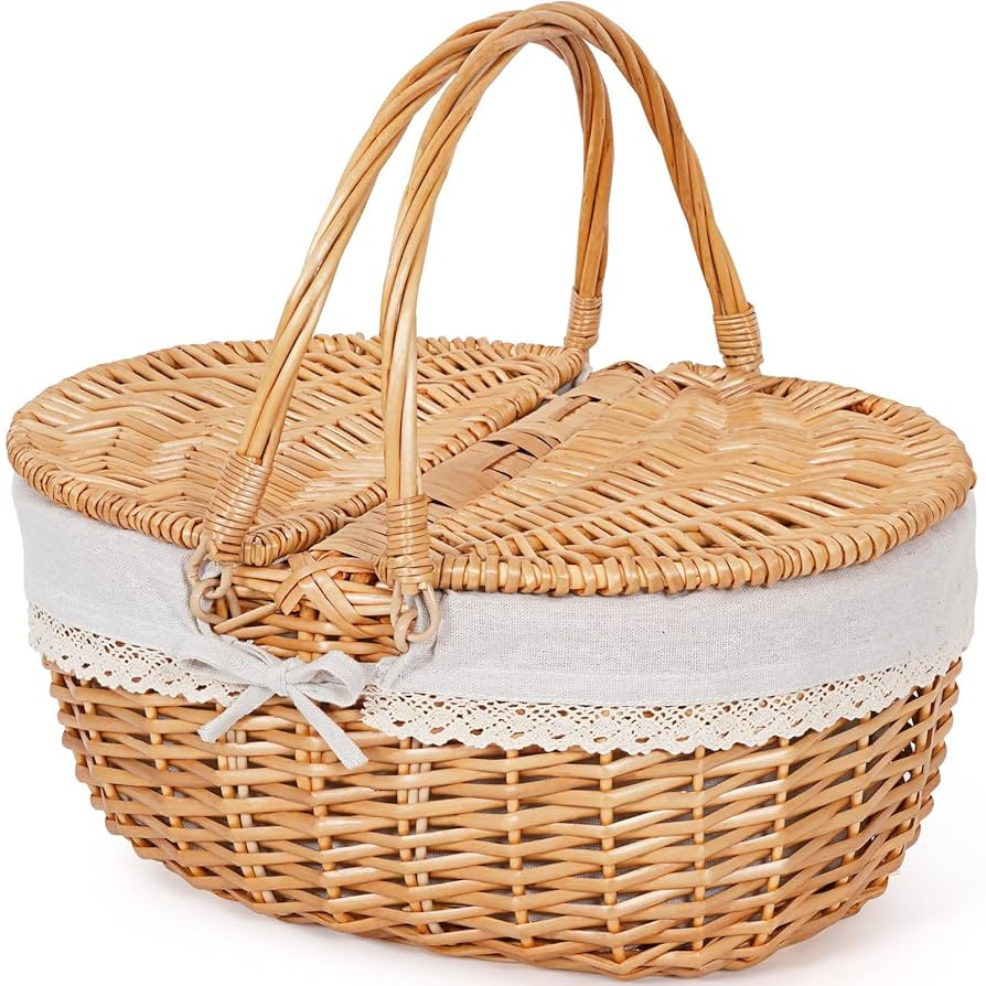 Happypicnic Wicker Picnic Basket with Handle, 15" Large Empty Picnic Basket with Lid & Removable ... | Amazon (US)