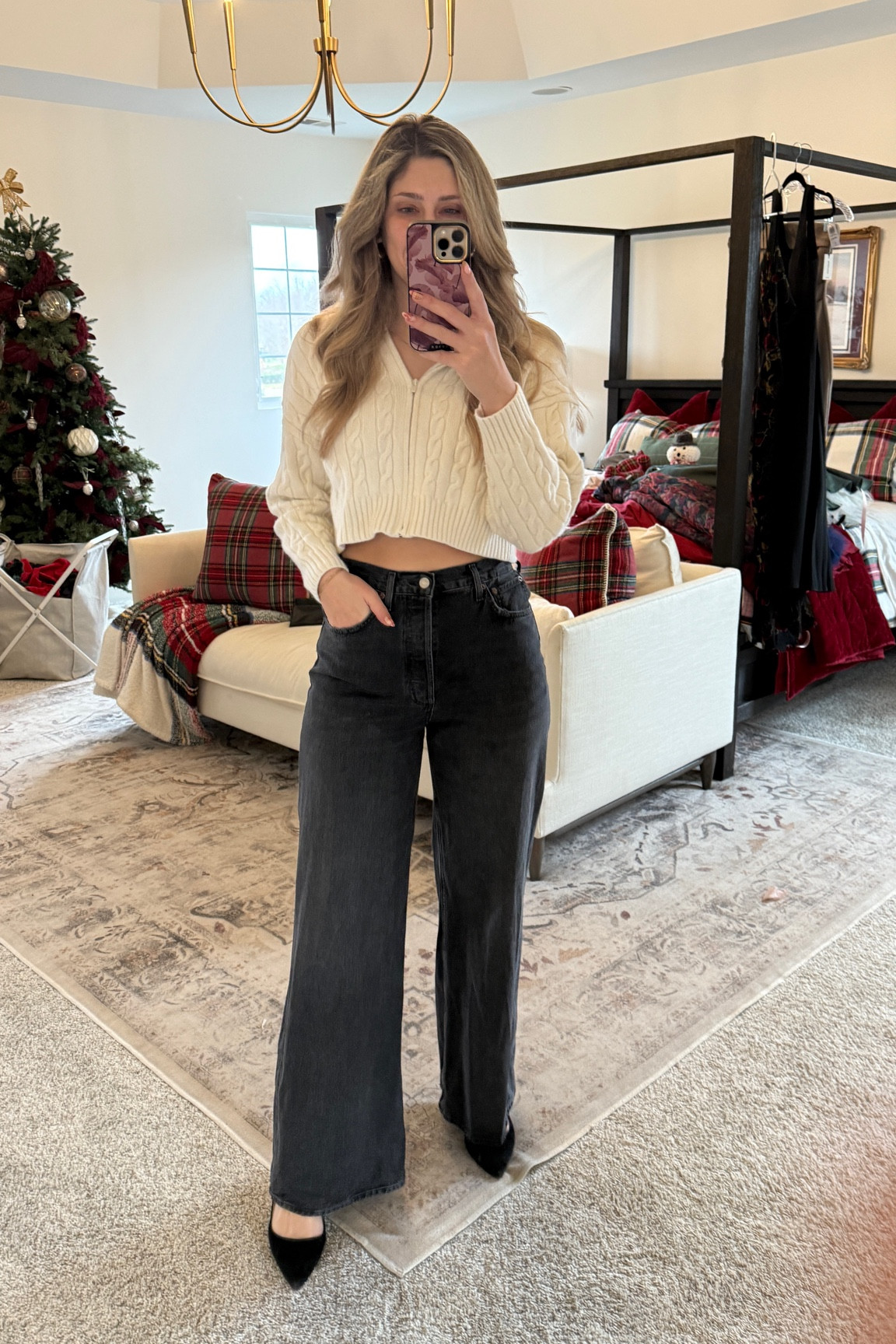 Casual winter outfit. Neutral outfit. Cable knit zip up sweater from Aritzia. Wide leg black denim agolde jeans from Nordstrom. Black kitten heels  

#LTKStyleTip #LTKHoliday #LTKSeasonal