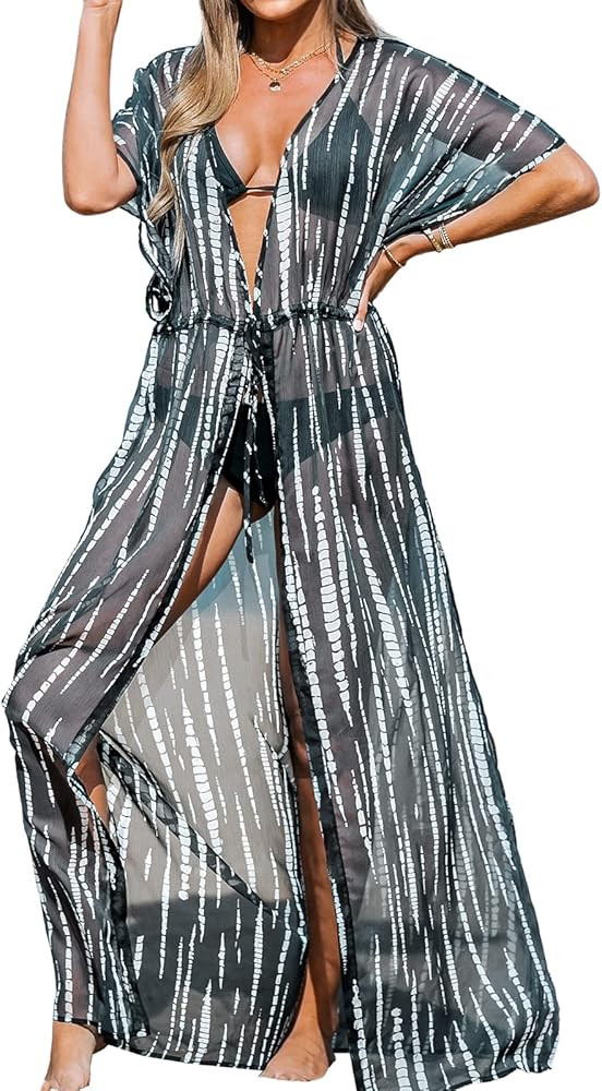 CUPSHE Kimono Swimsuit Coverup for Women Open Front Striped Maxi Cardigan Beach Cover Up | Amazon (US)