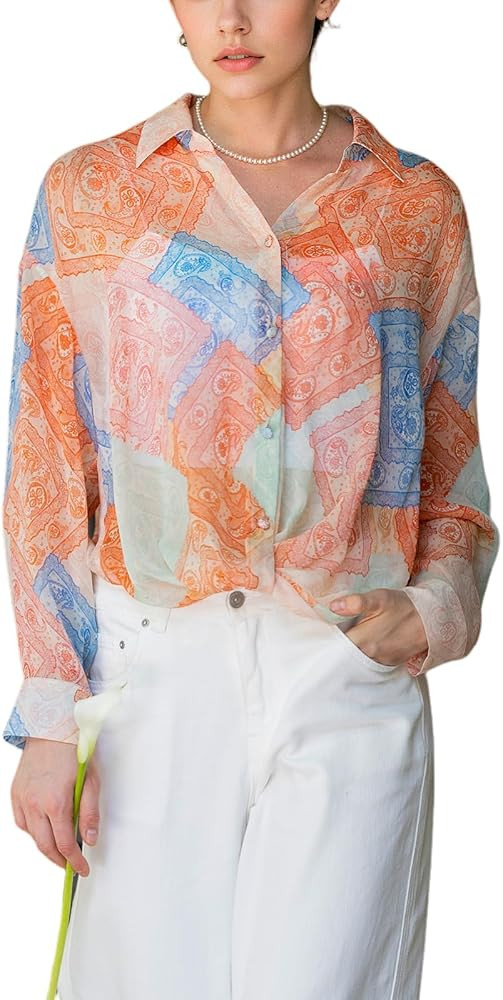 Womens Silk Oversized Button Down Shirts Long Sleeve V Neck Paisley Print Boho Blouse Dressy Casu... | Amazon (US)