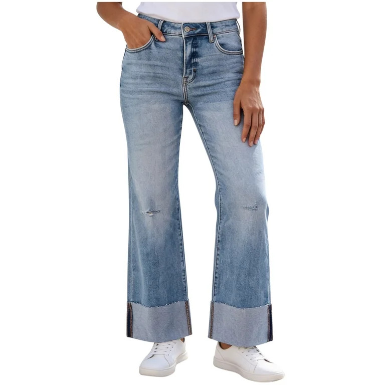 Iugvhana Jeans for Women Wide Leg High Waisted Ripped Jean Pants Cuffed Hem Straight Leg Casual S... | Walmart (US)