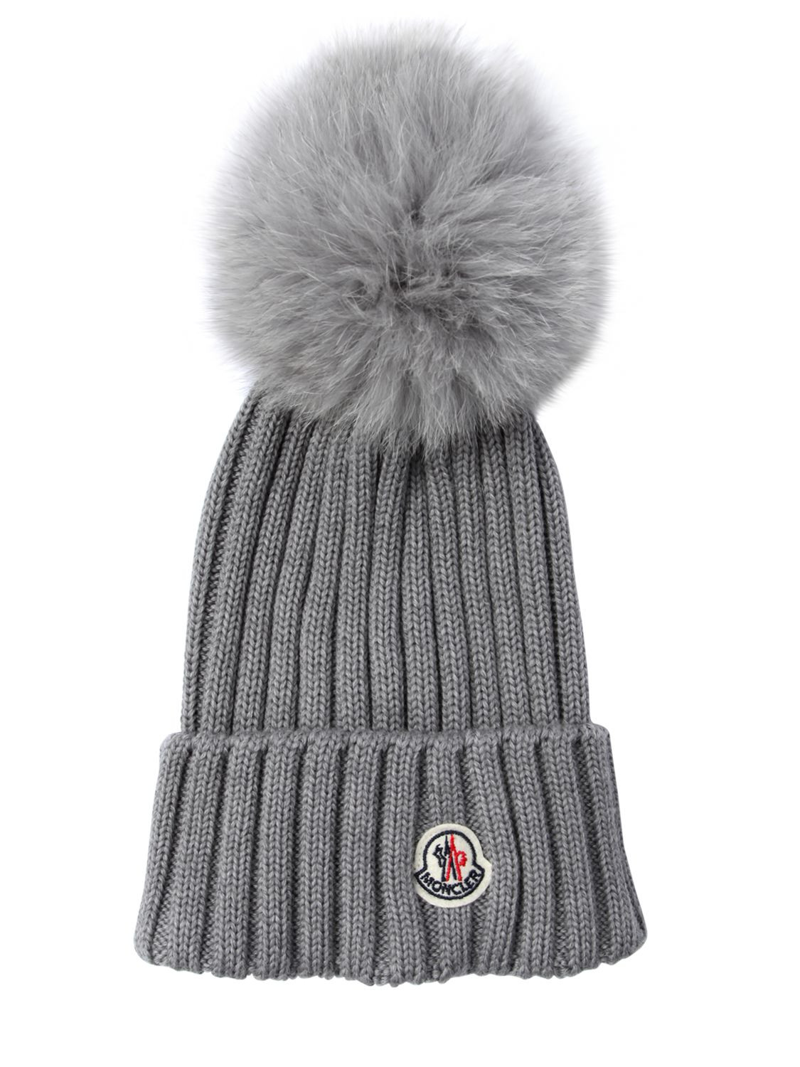 WOOL KNIT BEANIE HAT W/ FOX POMPOM | Luisaviaroma