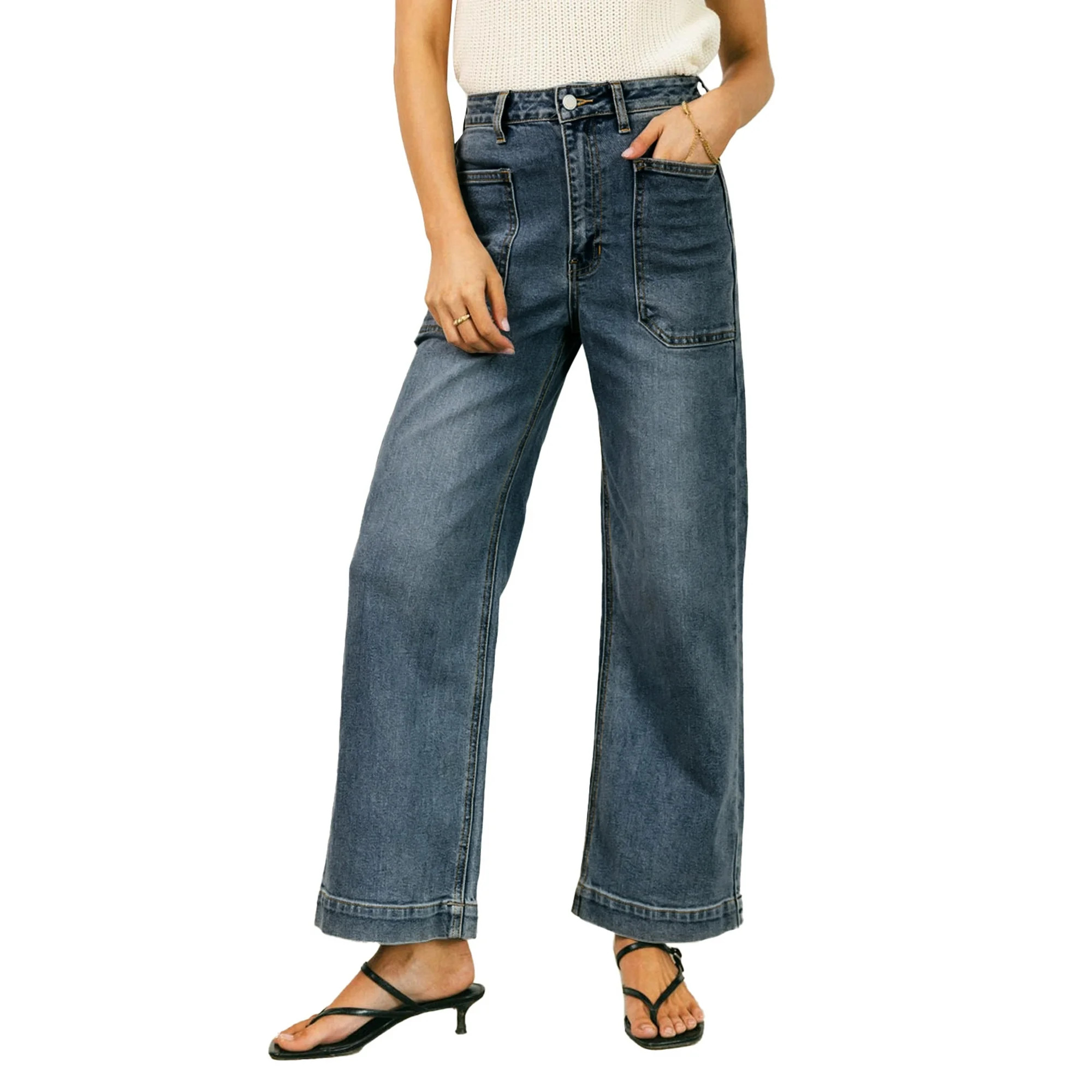 DOKOTOO Women's Wide Leg Jeans Boyfriend High Waisted Vintage Stretchy Loose Denim Pants with Big... | Walmart (US)