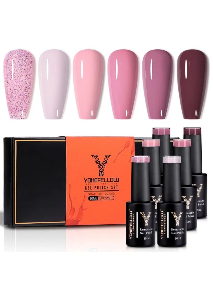 1 Set 6 Color Yokefellow Fall Pink Semi-permanent Nail Gel Polish Kit, Natural Nude Pink/purple/b... | SHEIN